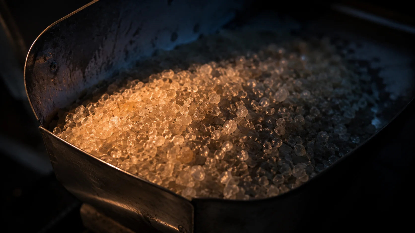 Granulate in a hopper at the works in Sävar