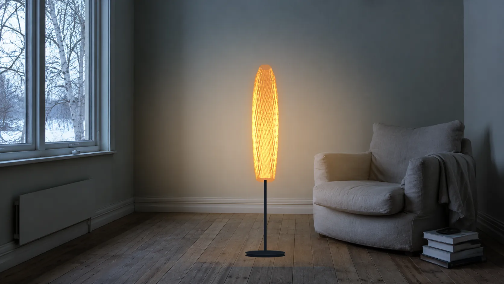 A Umeå flat at three in the afternoon in December, lit by a SPIRA floor lamp