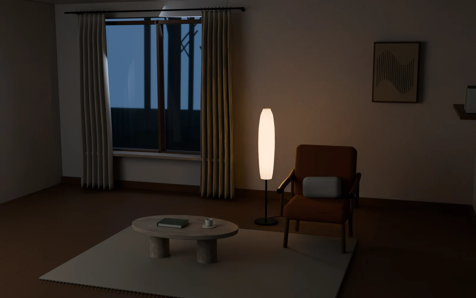 SPIRA illuminates a furnished reading corner beside a window at blue hour